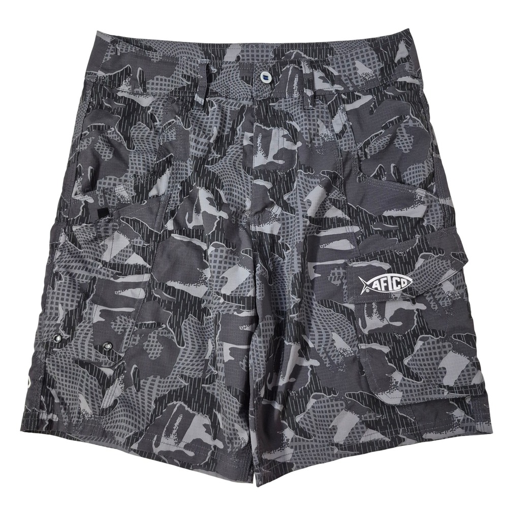 AFTCO Fishing Shorts Mens 30 Grey Camo Cargo Pockets Tech Performance 9" Inseam